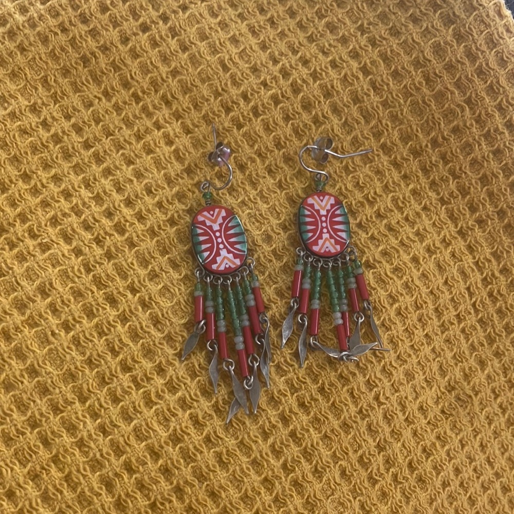 Bohemian Red and Green Dangle Earrings